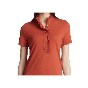 Tory Burch Women's Orange Ruffle Knit Short Sleeve Shirt Size Large